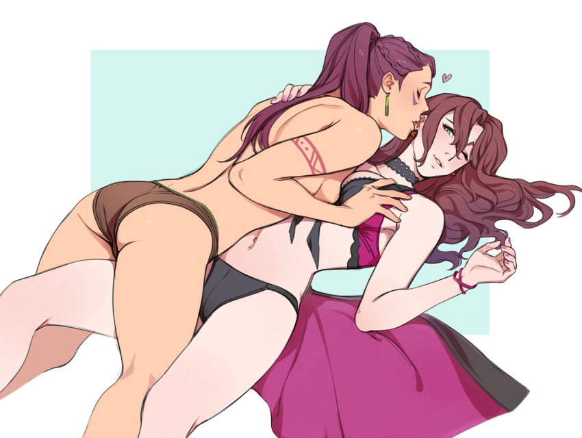 2girls alternate_costume ass asymmetrical_docking back bare_back brown_bikini brown_hair brown_swimsuit dark-skinned_female dark_skin dorothea_arnault dorothea_arnault_(summer) ear_kiss earrings fire_emblem fire_emblem:_three_houses fire_emblem_heroes green_eyes kissing long_hair medium_breasts natural_virtue nintendo petra_macneary ponytail post-timeskip purple_hair sarong simple_background swimsuit wholesome yuri