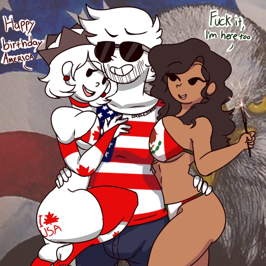 1boy 2021 2girls 4th_of_july america_(egobuzz) american_flag bikini bulge canada canada_(countryhumans) canada_(egobuzz) canadian_flag countryhumans countryhumans_girl doodlezombie female flag flag_bikini male male_focus mexican_flag mexico mexico_(countryhumans) mexico_(egobuzz) national_personification partners personification shades sparkler sunglasses united_states_of_america_(countryhumans) white_hair