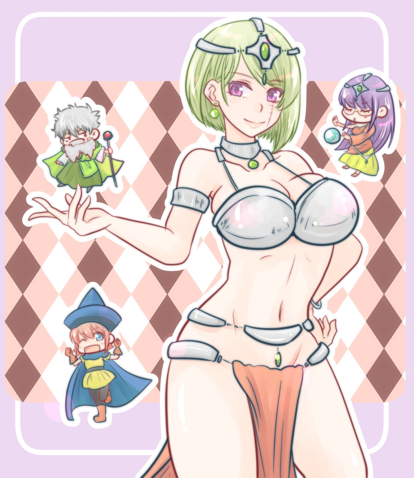 1boy 1girls 3girls alena_(dq4)_(cosplay) alternate_costume bikini bikini_armor blonde_hair bob_cut borya_(dq4)_(cosplay) chibi cosplay dancer_outfit dragon_quest dragon_quest_iv female female_focus gintama gintoki_sakata harem_outfit headgear kagura_(gintama) loincloth male maya_mahabala_(cosplay) meena_mahabala_(cosplay) multiple_girls paleatus purple_eyes sarutobi_ayame scar short_hair solo_focus tsukuyo