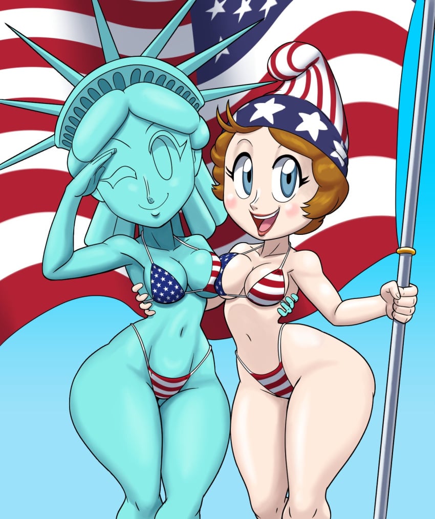 2girls 4th_wall_breaking american american_flag american_flag_bikini anthro bikini columbia female female_only humanized metallic_body multiple_girls national_personification public_domain statue_of_liberty tansau thick_thighs tortoisesensei united_states_of_america usa wide_hips