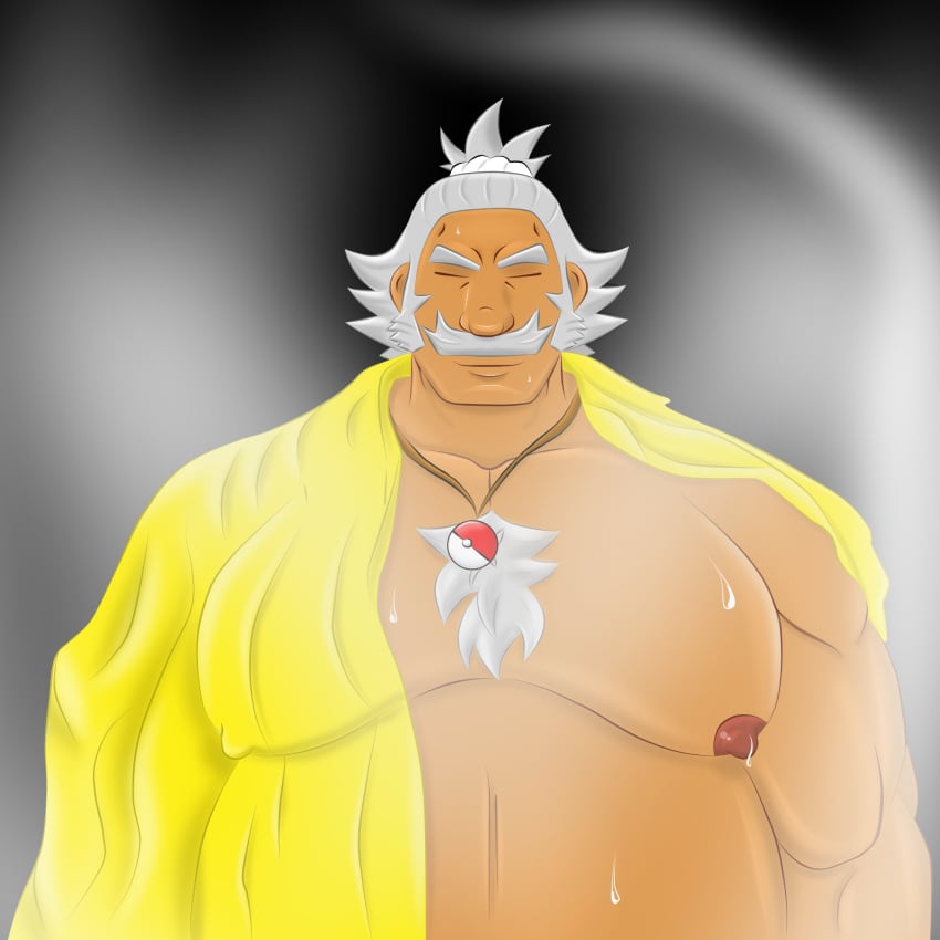 1boy dark-skinned_male fat_man hairy hala_(pokemon) larger_male male male_only moustache muscles old_man pokemon pokemon_sm sweat