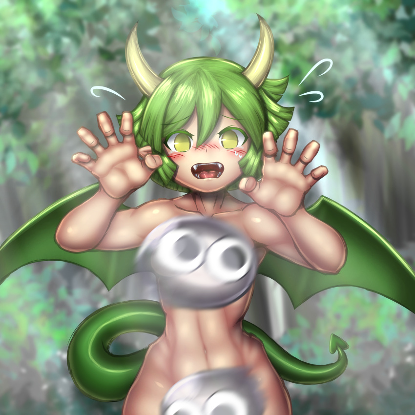 1girls completely_naked completely_nude completely_nude_female convenient_censoring convenient_censorship draco_centauros embarrassed embarrassed_nude_female green_hair hands_up horns kanakakia nude open_mouth puyo_puyo shocked shocked_expression solo tail wings