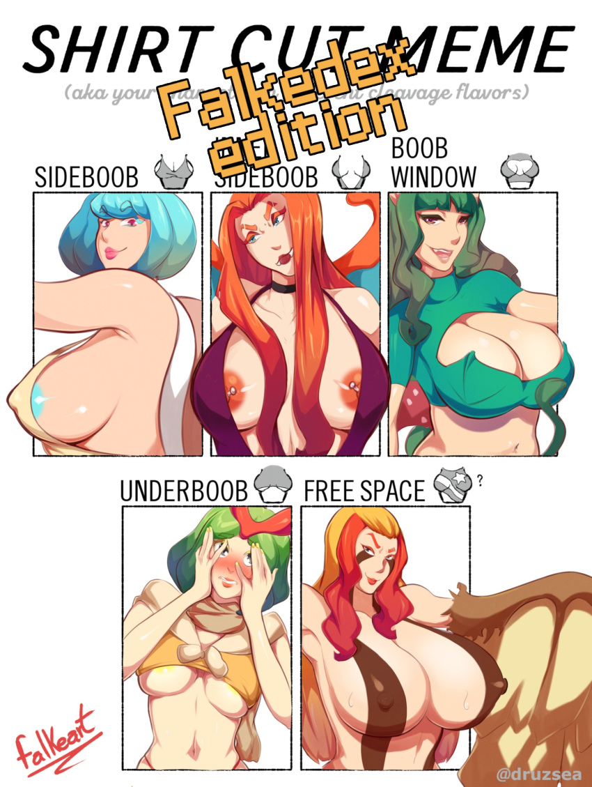 5girls areola_slip areolae boob_window caterpie charizard english_text falkeart female female_only hi_res humanized inner_sideboob meme multiple_girls nintendo nipple_bulge nipple_piercing pidgeot pokemon pokemon_(species) pokemorph shirt_cut_meme sideboob squirtle text underboob venusaur