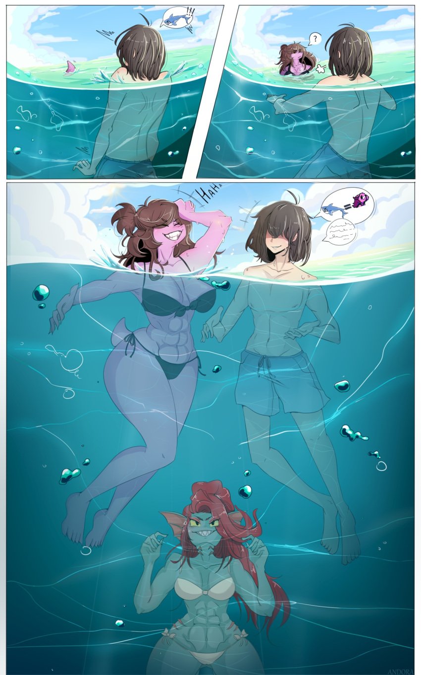 1boy 2021 2girls abs absurd_res andora big_ass big_breasts bikini blue_skin brown_hair claws comic deltarune fangs hi_res jaws_(film) kris_(deltarune) monster_girl muscular muscular_female ocean parody partially_submerged partially_underwater_shot red_hair sharp_teeth size_difference smile submerged susie_(deltarune) swimming swimming_trunks swimsuit tail thick_thighs undertale underwater undyne water wide_hips you_gonna_get_raped