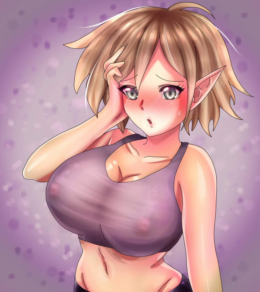 1girls areolae blonde_hair blush breasts cleavage clothed cute dy_(pureschiinachan) female female_only hand_on_own_face large_breasts navel nipples nipples_visible_through_clothing open_mouth original original_character pointy_ears pureschiinachan see-through short_hair solo sweat sweatdrop tank_top transparent_clothing