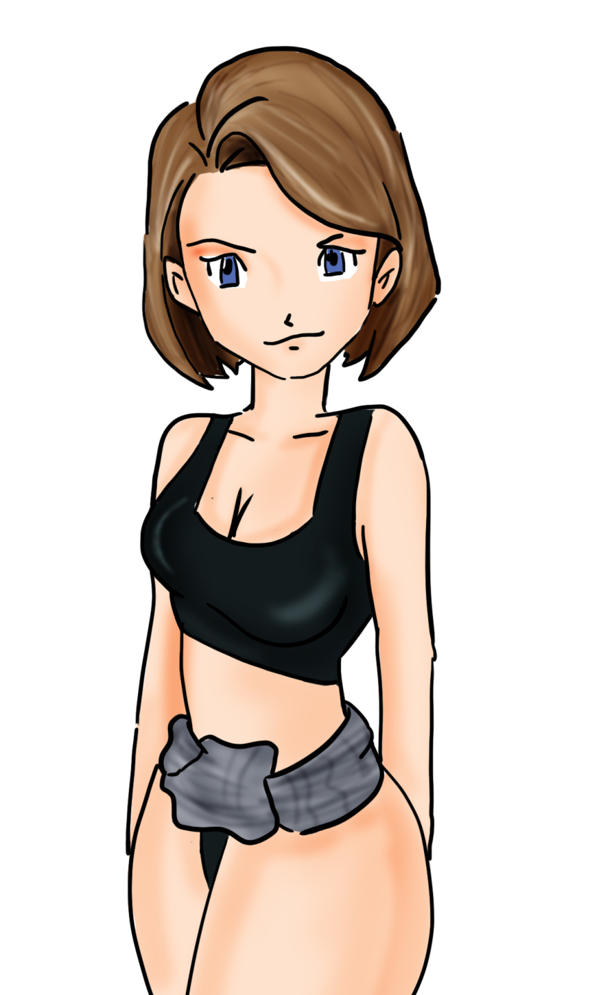 1girls bell_haircut black_panties blue_eyes brunette brunette_hair cleavage dark_blonde_hair digimon digimon_adventure female milf natsuko_takaishi smug sweater_around_waist toei_animation yesennia666