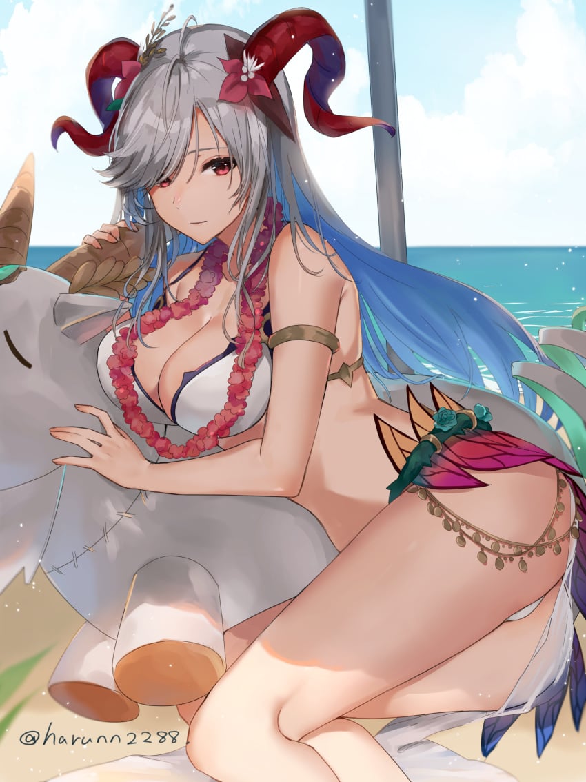 1girls alternate_costume armlet ass bare_arms bare_legs bare_midriff bare_shoulders bare_thighs beach big_breasts bikini blue_hair blue_sky breasts cleavage closed_mouth cloud commentary_request curled_horns cute cute_expression cute_face day female female_only fire_emblem fire_emblem_heroes flower flower_necklace freyja_(fire_emblem) freyja_(summer)_(fire_emblem) goat_horns green_flower grey_hair hair_flower hair_ornament haru_(nakajou-28) highres holding holding_toy horns inflatable_toy jewelry large_breasts long_hair multicolored_hair necklace nintendo ocean official_alternate_costume outdoors red_eyes red_flower red_horns sand sky smile smiling solo solo_female swimsuit thighs thorns toy twitter_username two-tone_hair water white_bikini white_swimsuit wholesome