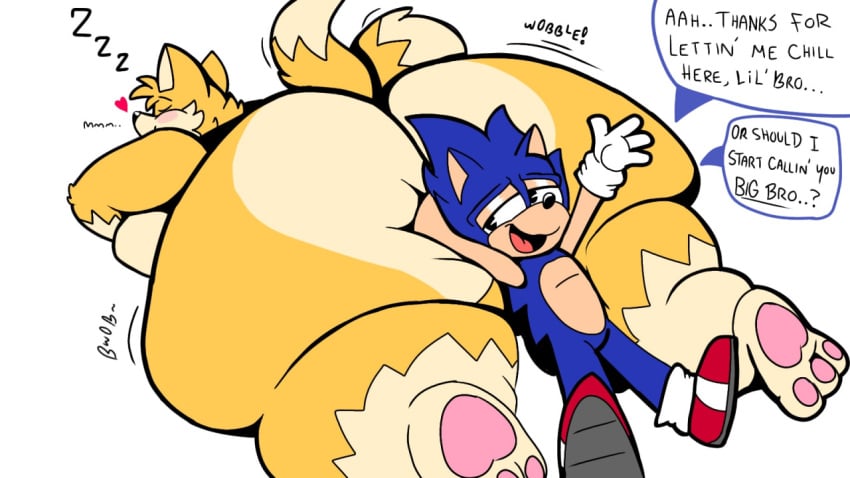 2boys anthro ass big_ass blue_fur blush english_text fat floofyboyetime fox furry gloves head_on_ass heart hedgehog hips large_ass larger_male laying_down laying_on_ground male male_focus male_only nude nude_male obese obese_male resting sega sleeping smaller_male sonic_(series) sonic_(series) sonic_the_hedgehog tails tails text thick_thighs thighs thunder_thighs wide_hips yellow_fur zzz