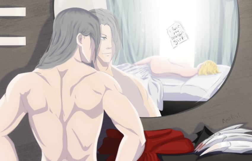 1boy 1boy1girl 1girls after_sex alternate_hairstyle ass_cheeks bare_ass bare_back bedroom blonde_hair completely_nude edgeshot female gray_hair kamihara_shinya male male/female mature_female mature_male mirror morning morning_after muscular muscular_male my_hero_academia note nude nude_female on_bed romantic ryuukyuu silver_hair sleeping straight suggestive tatsuma_ryuuko text