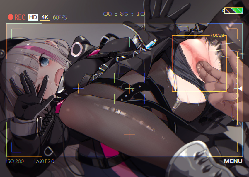 1boy bangs battery_indicator black_gloves black_panties blue_eyes breasts censored female fingering girls'_frontline gloves grey_hair long_hair long_sleeves male_hand mdr_(girls'_frontline) medium_breasts mishima_hiroji mosaic_censoring multicolored_hair one_eye_closed open_mouth panties panties_aside pantyhose pink_hair pussy recording solo_focus spread_legs straight streaked_hair torn_clothes torn_legwear underwear vaginal_penetration viewfinder