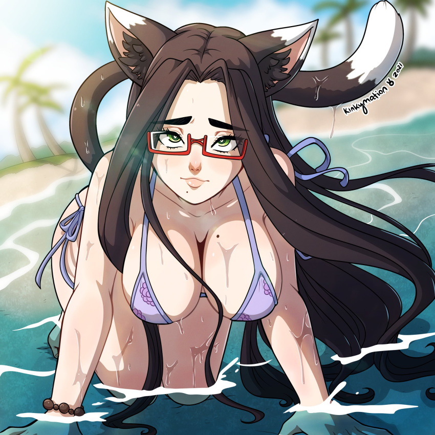 1girls all_fours beach bikini black_hair blurred_background bracelet breasts cat_ears cat_tail catgirl female female_only glasses green_eyes heart-shaped_pupils hi_res kinkymation long_hair looking_at_viewer mole mole_on_breast original paulina_(kinkymation) pearl_bracelet sea solo solo_female solo_focus voluptuous wet_skin