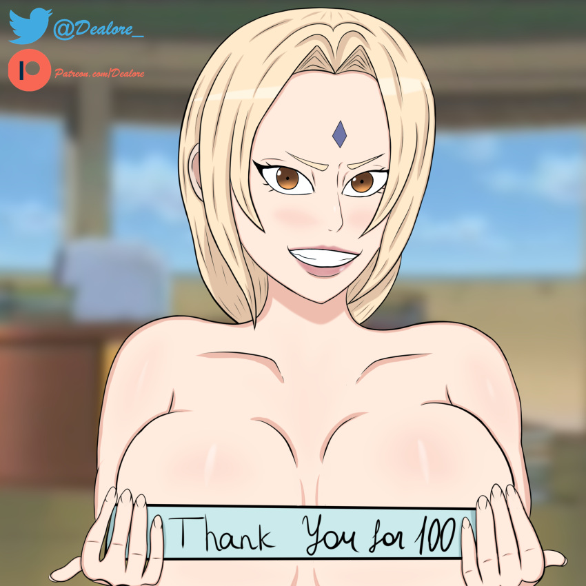 1girls big_breasts blonde_hair dealore female female_only holding_object holding_sign huge_breasts milestone_celebration naruto naruto_shippuden smile smirk solo thank_you tsunade