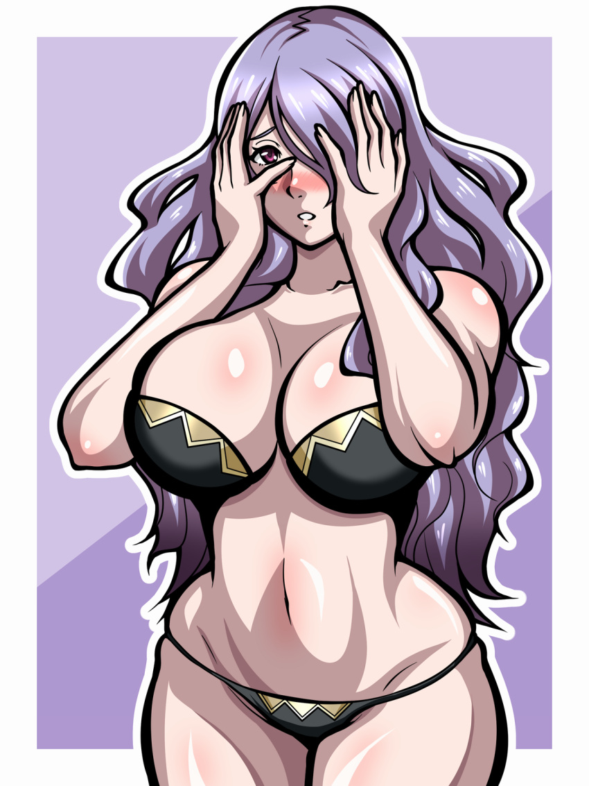 1girls bare_shoulders black_panties blush bra camilla_(fire_emblem) embarrassed fire_emblem fire_emblem_fates hair_over_one_eye hand_to_own_face inabakun00 large_breasts looking_at_viewer nintendo panties purple_background purple_eyes simple_background solo solo_female thick_thighs underwear_only very_long_hair violet_eyes wide_hips