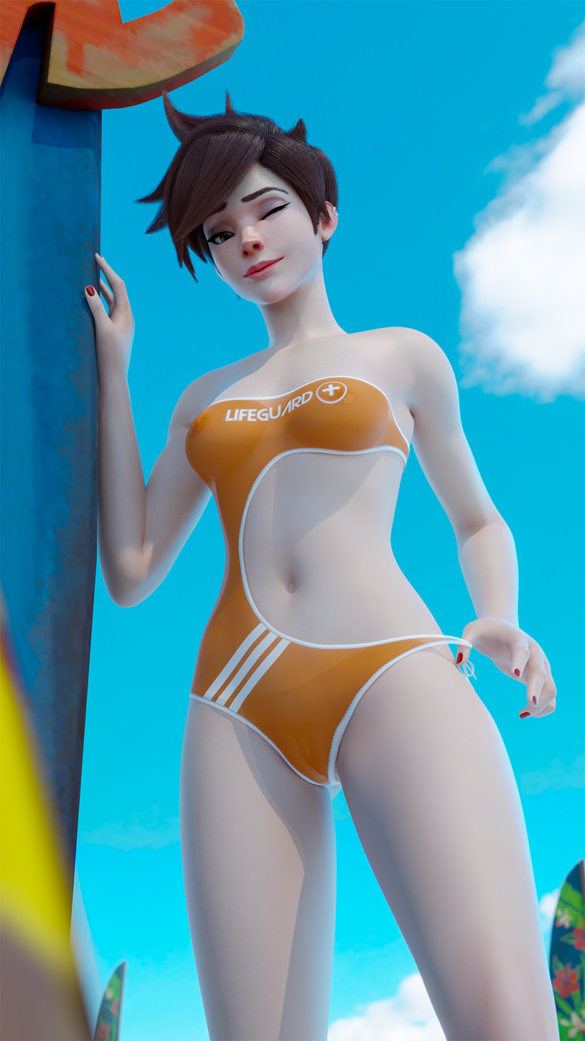 1girls 3d beach lifeguard_tracer nipples_visible_through_clothing one-piece_swimsuit overwatch pinup pussy_visible_through_clothes see-through_clothing solo swimsuit thighs tracer transparent_clothing wackation wink winking winking_at_viewer