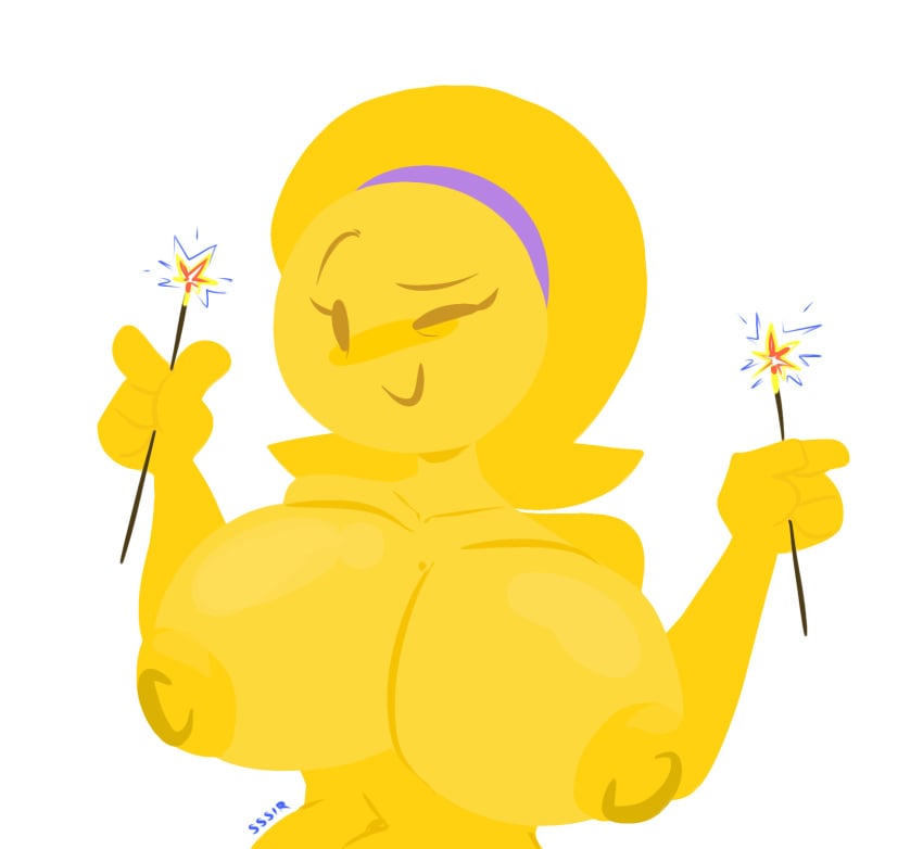 1girls 2021 4th_of_july big_breasts breasts emoji_(race) emoji_milf emojifam_(sssir8) fireworks hairband looking_at_viewer milf mob_face naked nipples no_outlines short_hair slobbyslapper solo sparkler sssir sssir8 white_background wink yellow_hair yellow_nipples yellow_skin