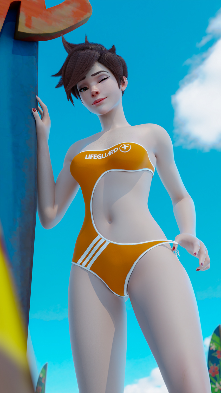 1girls 3d beach lifeguard_tracer looking_at_viewer looking_down one-piece_swimsuit overwatch pale-skinned_female pale_skin pulling_clothing solo_female swimsuit thighs tracer wackation wink winking winking_at_viewer