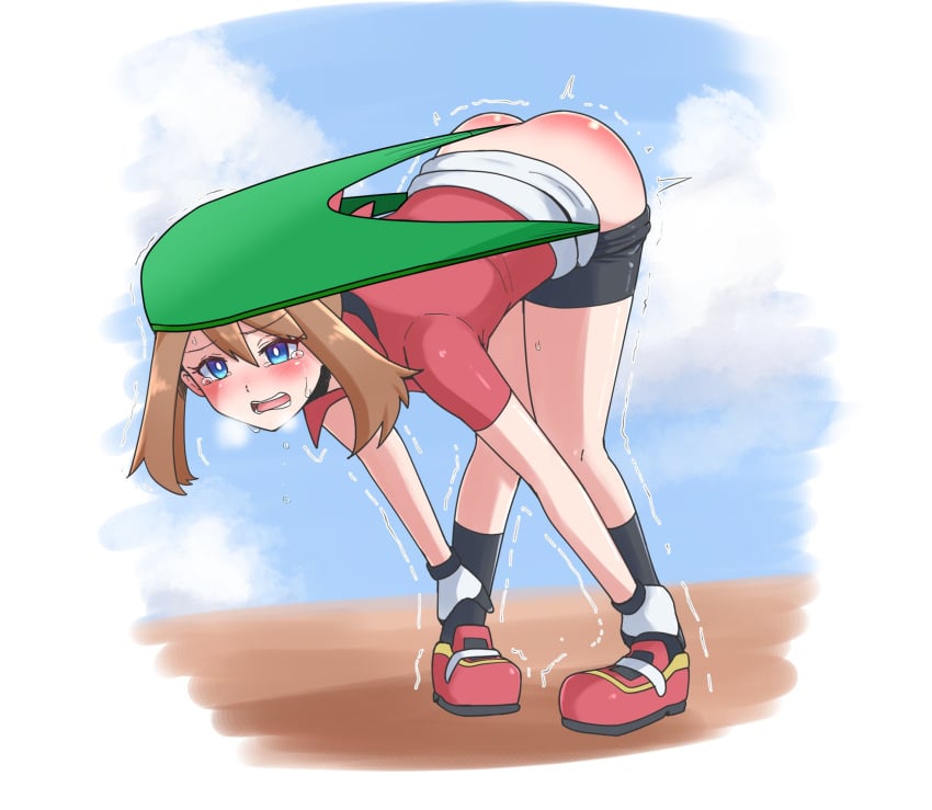 1girls atomic_wedgie bent_over bike_shorts black_socks blue_eyes blush brown_hair crying edit fully_clothed green_panties holding_ankles humiliated humiliation knee_socks kneehighs kneesocks may_(pokemon) may_(pokemon_rs) mouth_open panties_over_head pants_down pinkiri pokemon pokemon_rse red_ass shaking shorts_down socks spank_marks spanked_butt tears tears_of_pain third-party_edit trembling wedgie