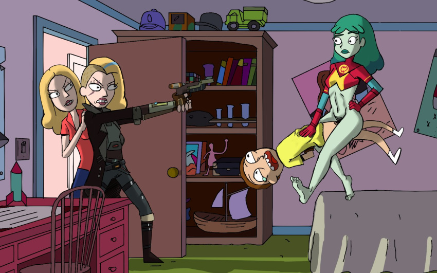 1boy 3girls beth_smith bottomless canon_couple cesarean_pizza cowgirl_position female femdom gun male morty_smith multiple_girls planetina rape reverse_rape rick_and_morty sex space_beth weapon