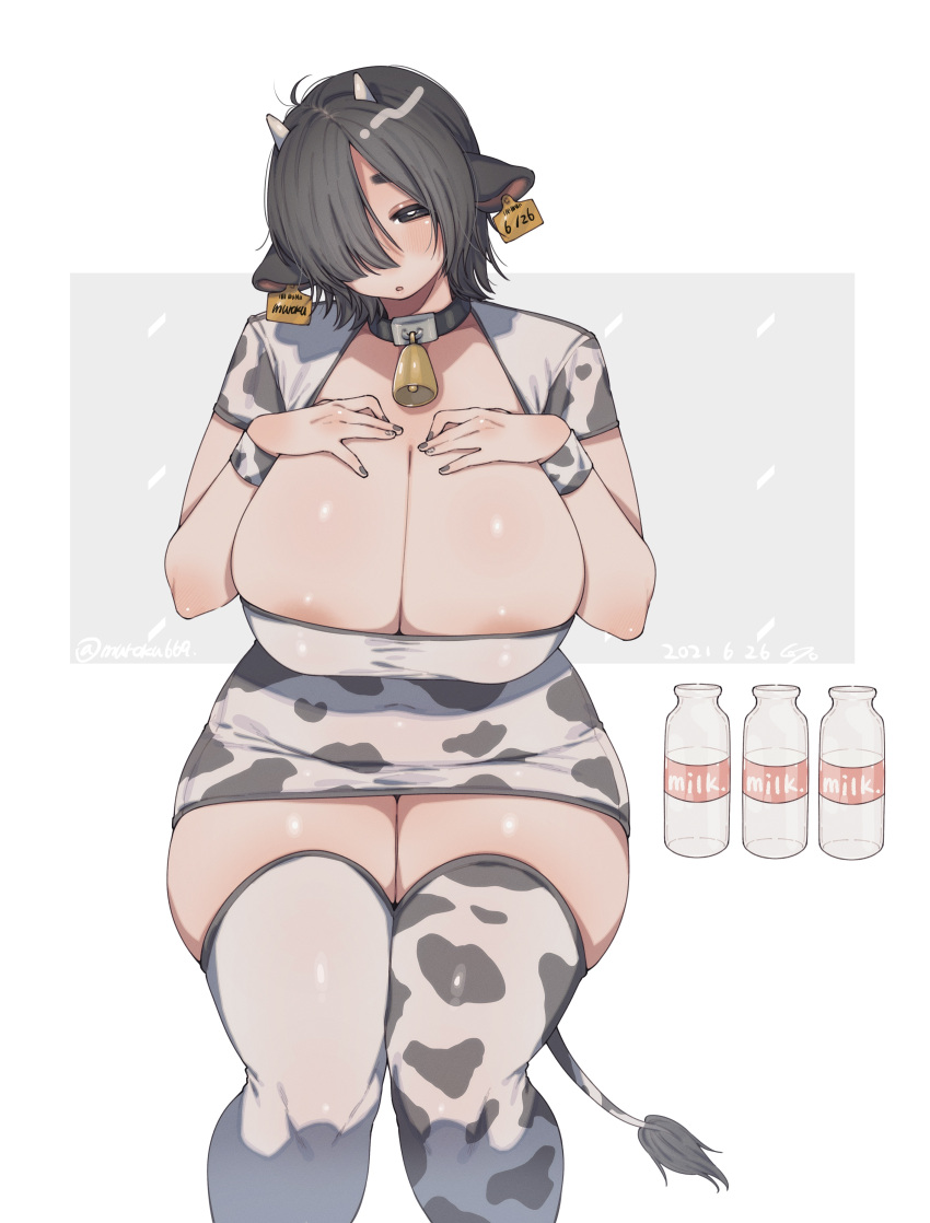 absurdres ahoge animal_ears animal_print areola_slip areolae barcode bell black_choker black_eyes black_hair black_nails blush bottle breasts chinese_zodiac choker covered_navel covered_nipples cow_ears cow_horns cow_print dated ear_tag female fingernails hair_between_eyes hair_over_one_eye half-closed_eyes highres horns huge_breasts invisible_chair looking_at_viewer milk_bottle muroku_(aimichiyo0526) neck_bell open_mouth original patterned patterned_clothing shiny shiny_hair shiny_skin short_hair sitting skindentation solo thighhighs tight twitter_username white_legwear year_of_the_ox