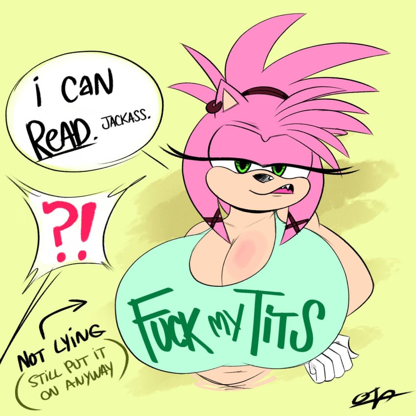 amy_rose anthro big_breasts breasts cleavage clothed clothing dialogue eulipotyphlan female green_eyes hair hedgehog hi_res huge_breasts looking_at_viewer mammal narrowed_eyes offscreen_character open_mouth ota_(artist) pink_hair sega shirt solo sonic_(series) sonic_prime text thorn_rose topwear