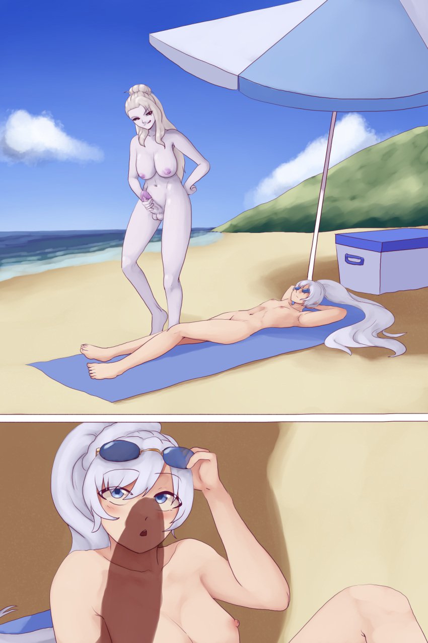 1futa 1girls areolae beach big_breasts black_sclera blue-tinted_eyewear blue_eyes breasts casual duo erection eyewear female futanari glasses human humanoid light-skinned_female light_skin long_hair masturbation nipples nude on_back pale-skinned_futanari pale_skin penis ponytail public red_eyes req reqqles rwby salem_(rwby) small_breasts standing sunglasses testicles tinted_eyewear weiss_schnee white_hair