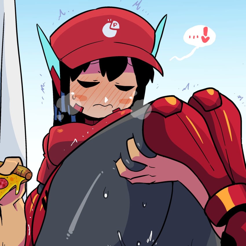 ! ... 1boy ^^^ asta_(crap_man) asta_rindo baseball_cap black_hair blue_background blush blush_stickers bodysuit closed_eyes covered_nipples crap-man curtains deep_skin female food full-face_blush hat heart highres holding holding_food holding_pizza implied_sex legs_together long_hair mob_face original pizza pizza_delivery pizza_slice red_headwear red_shirt reward_available shirt spoken_ellipsis spoken_exclamation_mark spoken_heart straight sweatdrop