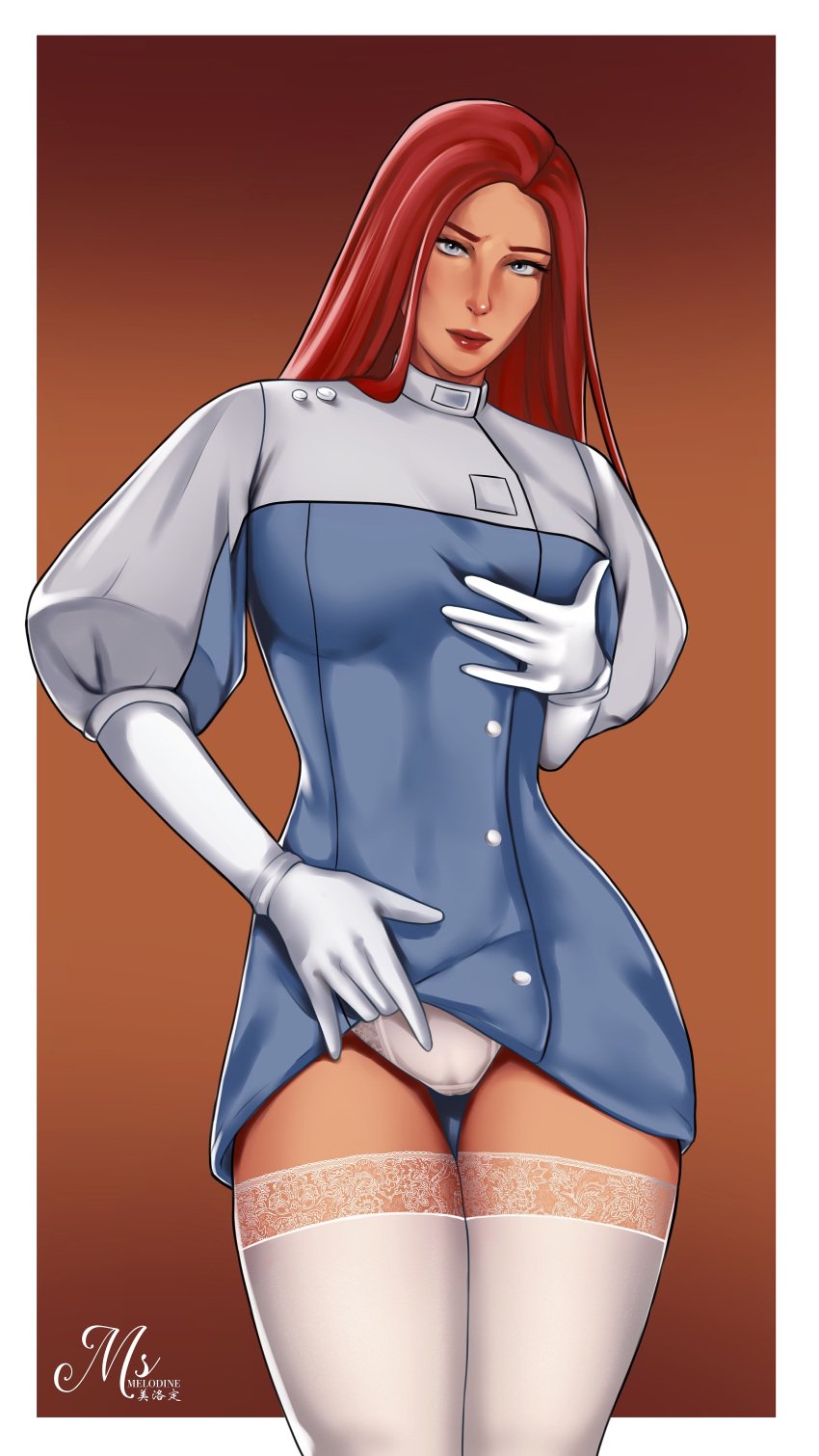 1girls 2d apex_legends ash_(apex_legends) ashleigh_reid blue_eyes doctor dress_lift female female_only flashing fully_clothed gloves hand_on_own_breast labcoat lipstick long_hair looking_at_viewer msmelodine panties red_hair shirt_lift skirt_lift solo stockings thigh_gap