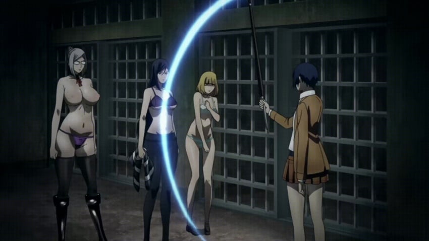 4girls animated animated_gif bettou_risa black_hair bouncing_breasts bra breasts glasses kurihara_mari_(prison_school) mature_female midorikawa_hana multiple_girls nipples prison_school screencap screenshot shiraki_meiko teacher