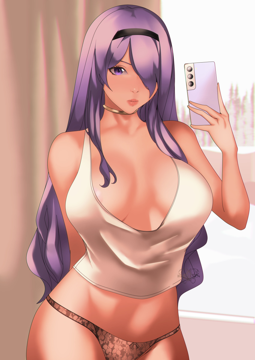 1girls brown_panties camilla_(fire_emblem) fire_emblem fire_emblem_fates hair_over_one_eye harstfazn large_breasts lips long_hair nintendo phone purple_eyes purple_hair selfie smartphone solo solo_female tank_top thick_lips