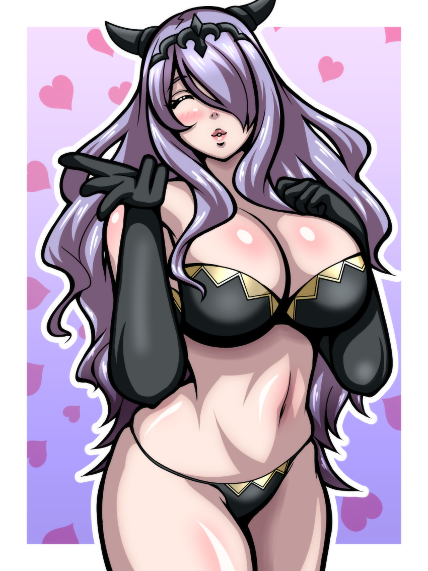 1girls black_panties blowing_kiss bra camilla_(fire_emblem) cleavage closed_eyes elbow_gloves fire_emblem fire_emblem_fates gloves hair_over_one_eye horns huge_breasts inabakun00 incoming_kiss kissing large_breasts lips nintendo panties purple_hair smile solo solo_female thick_lips very_long_hair wavy_hair