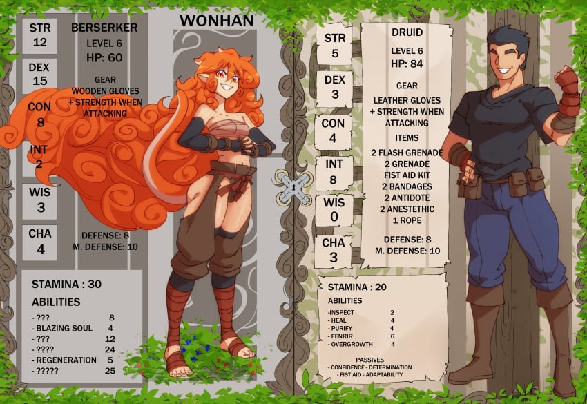 1boy 1girls 2022 ass black_hair character_name character_profile curly_hair druid_(nisego) english_text eyeless_male fingerless_gloves flat_chest flat_chested freckles gameplay_mechanics nisego orange_eyes orange_hair original pointy_ears stats tail text toes very_long_hair wonhan_(nisego)