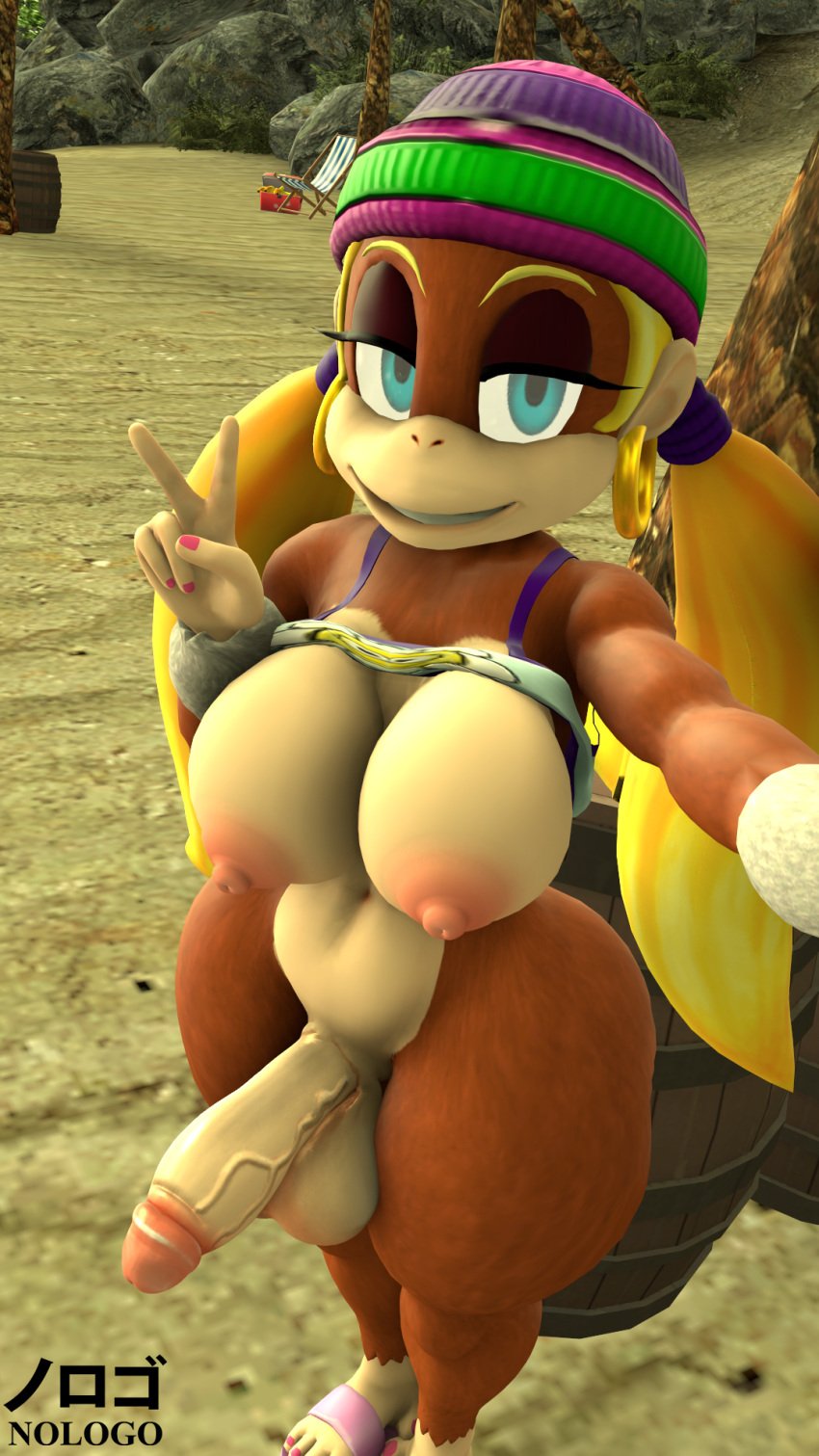 1futa 3d 5_fingers anthro barrel beach beach_chair beanie blonde_hair blue_eyes bottomless breasts brown_fur donkey_kong_(series) futanari hoop_earrings looking_at_viewer mammal monkey nipples nologo palm_tree partially_clothed peace_sign penis selfie sfm shirt_lift solo solo_futa source_filmmaker tiny_kong twintails wide_hips