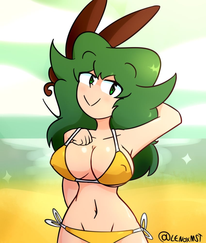 1girls beach bikini breasts female green_eyes green_hair lenoxmst light_skin looking_at_viewer medium_hair medley_(lenoxmst) nipples_visible_through_clothing oc ocean original original_character outdoors outside sand solo water