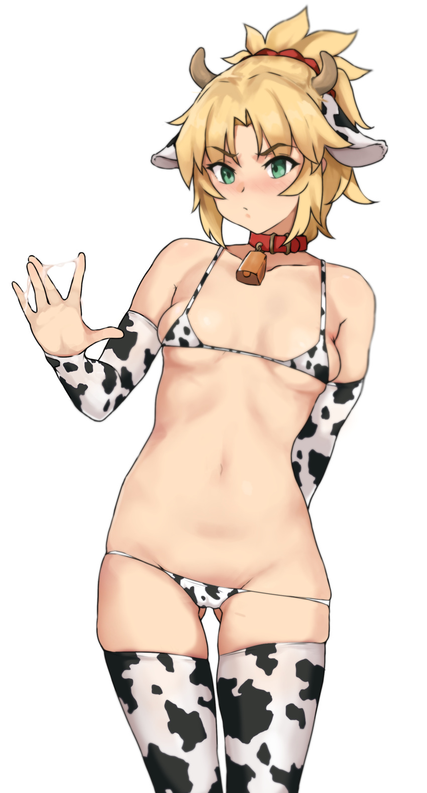 absurdres animal_ears arm_behind_back ass_visible_through_thighs bangs bell bikini blonde_hair blush braid breasts collar collarbone cow_ears cow_horns cowbell english_commentary eyebrows_visible_through_hair fake_animal_ears fake_horns fate/apocrypha fate/grand_order fate_(series) female french_braid green_eyes hair_ornament hair_scrunchie highres horns long_hair looking_at_viewer mordred_(fate) mordred_(fate)_(all) navel open_mouth ponytail red_scrunchie scrunchie simple_background small_breasts solo suggestive_fluid swimsuit thighhighs todding white_background