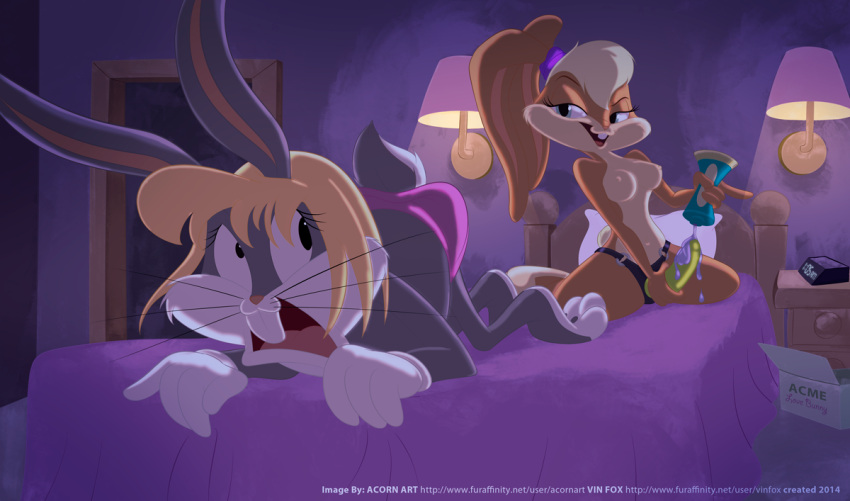 acorn_art bedroom bent_over bugs_bunny crossdressing femboy fembugs_bunny furry green_dildo holding_dildo imminent_pegging lola_bunny looney_tunes lube lube_bottle nipples pegging scared smirk space_jam strap-on warner_brothers