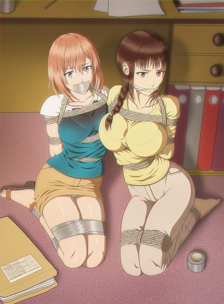 arms_behind_back barefoot big_breasts blue_eyes bondage breasts brown_eyes brown_hair cleave_gag clothing gag jeans long_hair misato_segawa miyamori_aoi orange_hair panties rope shirobako short_hair skirt slave tape_gag underwear