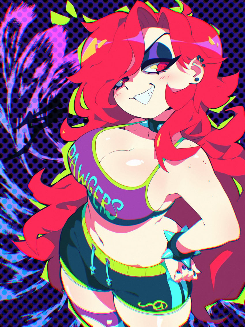 1girls aetherion_art big_breasts breasts female female_focus goth goth_girl huge_breasts long_hair psychedelic red_eyes red_hair tank_top thick_thighs toon_michaela toxicsoul77 trippy_background vibrant vibrant_background whore_eyes