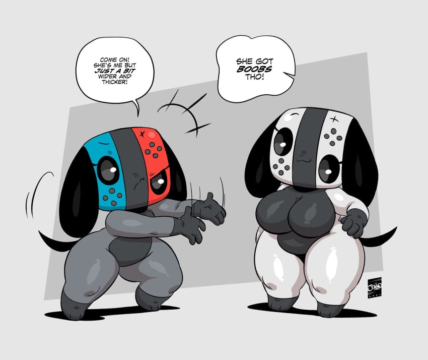 2girls anthro big_breasts canine dialogue female female_only joaoppereiraus nintendo nintendo_switch simple_background switch_dog switch_dog_oled switchy_(joaoppereiraus) switchy_oled_(joaoppereiraus) tagme thick_thighs thighs two_tone_body