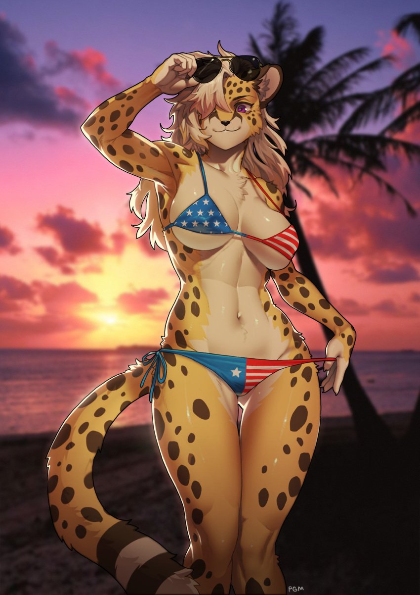 1girls alexandra_(velocitycat) american_flag anthro beach bikini blonde_hair blurry_background cat_tail cheetah countershading detailed_background female female_only fur furry furry_fetish furry_only hair_over_one_eye long_hair looking_at_viewer messy_hair pantherine pgm300 purple_eyes schewiener sea smile solo solo_female spotted_fur sunglasses sunglasses_on_head tail thigh_gap very_high_resolution yellow_fur