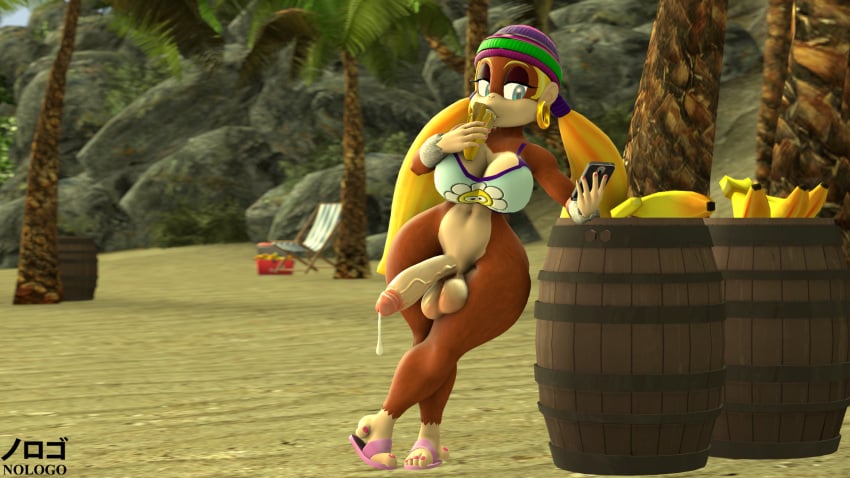 1futa 3d 5_fingers anthro balls banana barrel beach beach_chair beanie blonde_hair blue_eyes bottomless breasts brown_fur casual casual_exposure casual_nudity cleavage crossed_legs dickgirl distracted donkey_kong_(series) eating furry futa_only futanari half-erect hoop_earrings huge_balls huge_breasts huge_penis intersex looking_at_phone mammal monkey nologo palm_tree partially_clothed penis precum precum_drip sfm smartphone solo solo_futa source_filmmaker testicles tiny_kong twintails wide_hips