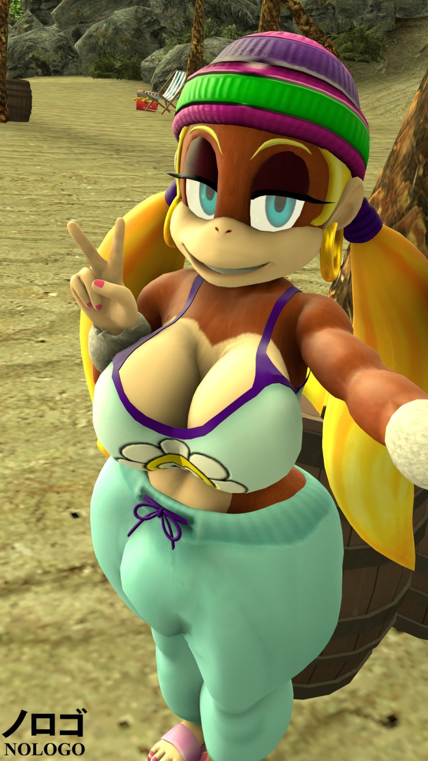 1futa 3d 5_fingers anthro barrel beach beach_chair beanie blonde_hair blue_eyes brown_fur bulge cleavage clothed donkey_kong_(series) futanari hoop_earrings looking_at_viewer mammal monkey nologo palm_tree peace_sign selfie sfm solo solo_futa source_filmmaker tiny_kong twintails wide_hips