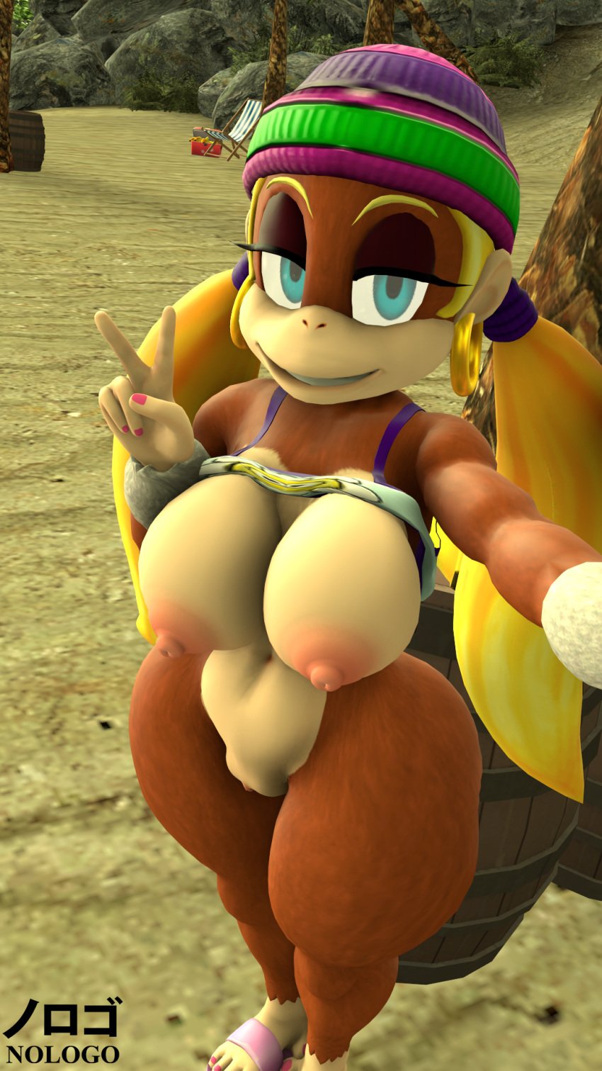 1girls 3d 5_fingers anthro barrel beach beach_chair beanie blonde_hair blue_eyes bottomless breasts brown_fur donkey_kong_(series) female hoop_earrings looking_at_viewer mammal monkey nipples nologo palm_tree partially_clothed peace_sign pussy selfie sfm shirt_lift solo solo_female source_filmmaker tiny_kong twintails wide_hips