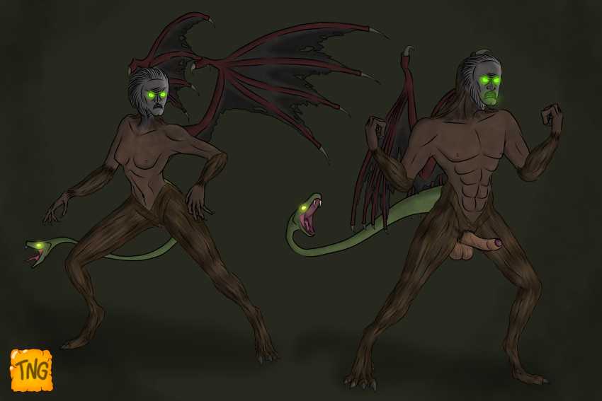 3:2 5_fingers anthro athletic bat_wings brown_body brown_fur chimera claws demon demon's_souls duo female fingers foreskin fromsoftware fur genitals hi_res living_tail male maneater_(demon's_souls) mask membrane_(anatomy) membranous_wings muscular muscular_male nude penis reptile scalie snake snake_tail tail the_nameless_guy toned_female unusual_anatomy unusual_tail wings