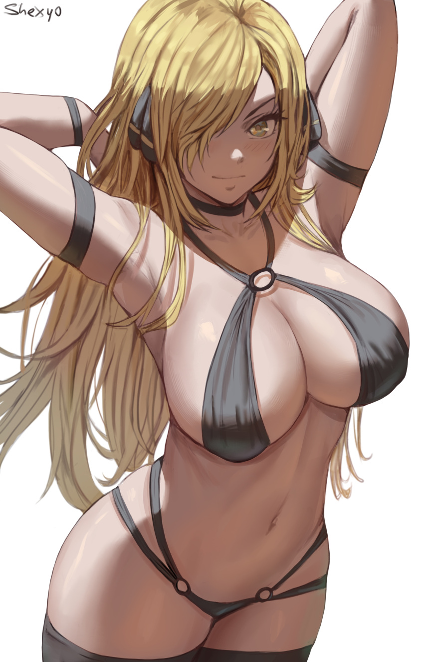 1girls 2021 alternate_breast_size alternate_eye_color armbands arms_above_head arms_up artist_signature belly_button bikini black_bikini black_thighhighs blonde_hair blush breasts choker cleavage cynthia_(pokemon) female female_focus female_only gold_eyes hair_ornament hair_over_one_eye hi_res hips huge_breasts human light_blush long_hair looking_at_viewer nintendo o-ring_bikini pokemon pokemon_dppt shexyo sideboob simple_background slim_waist smile smiling standing swimsuit thick_thighs thighhighs thighs white_background wide_hips