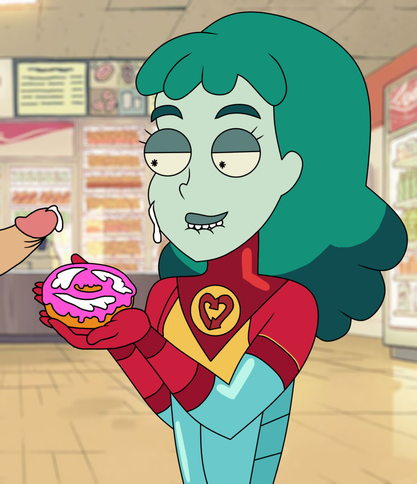 1girls anonymanonymus biting_lip crossover cum cum_drip cum_on_face cum_on_food doughnut duo female female_focus male partial_male penis planetina rick_and_morty solo_focus steven_universe the_big_donut