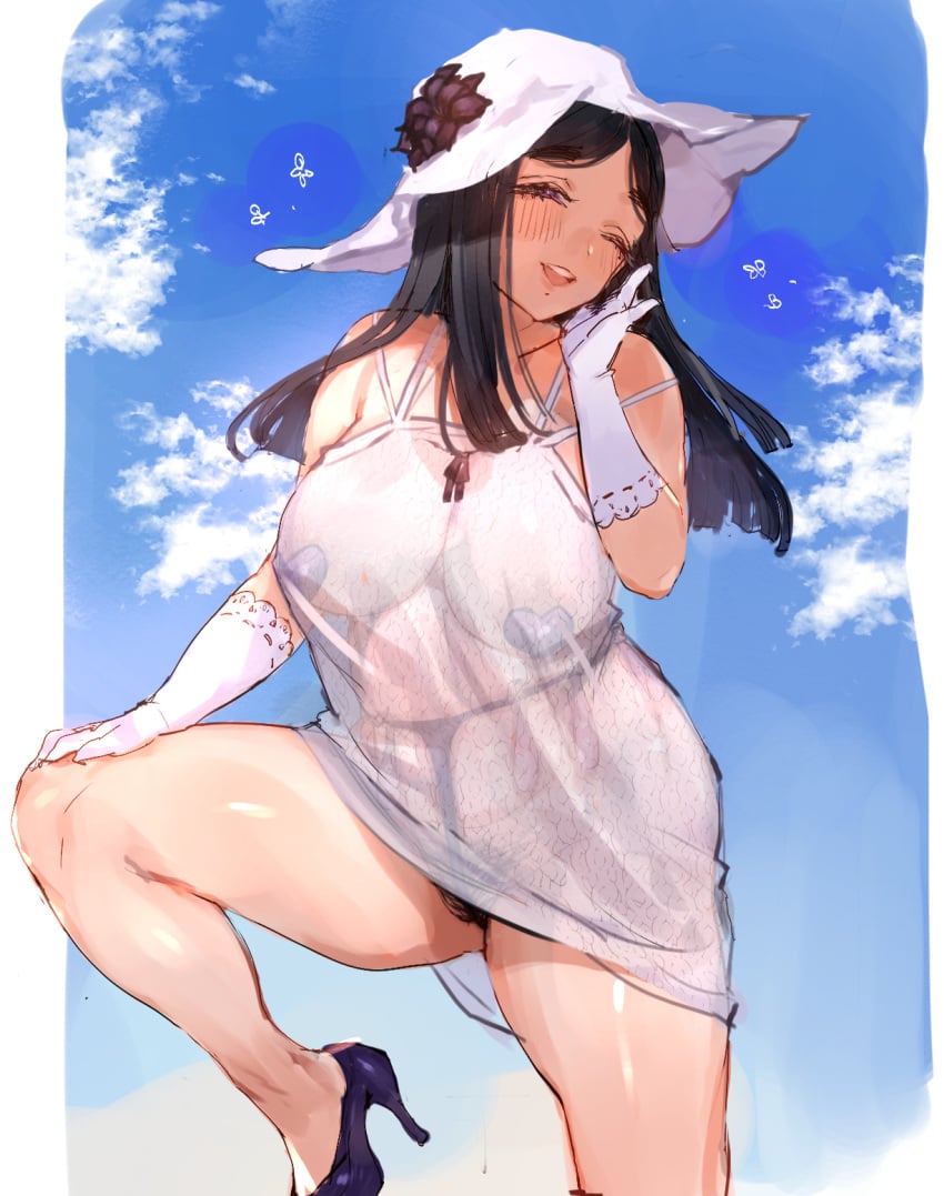 1girls akinaga_kaede c.cu condom_belt dress excessive_pubic_hair eye_half_closed female female_pubic_hair hand_on_cheek hat heart_pasties high_heels lace-trimmed_gloves mature_female mole one_eye_closed one_leg_raised one_leg_up outdoors pasties pubic_hair pubic_hair_peek purple_heart_pasties purple_pasties revealing_clothes see-through see-through_clothing see-through_dress slight_blush solo standing_on_one_leg sun_hat thick_thighs thighs used_condom