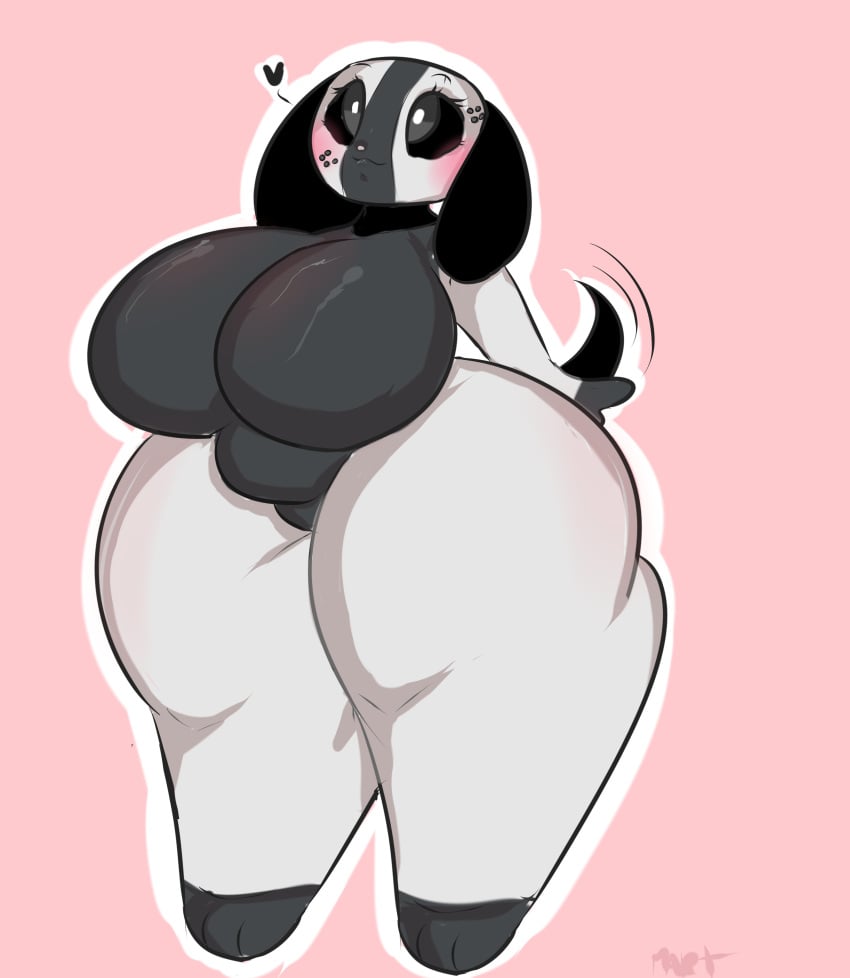 ameliemercedez anthro ass black_eyes blush blushed blushing dog domestic_dog female female_only grey_body grey_skin heart looking_up multicolored_body multicolored_skin nintendo nintendo_switch pink_background short_tail smile smiling solo solo_female standing switch_dog switch_dog_oled tail thick_ass thick_legs thick_thighs tits white_body white_eyes white_skin