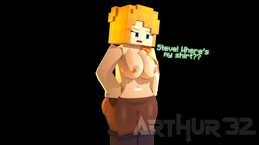 1girls 3d alex_(minecraft) annoyed arthur32 bottomwear breast casual clothing dialogue female female_only footwear ginger green_eyes hair_covering_breasts hair_over_breasts human light-skinned_female light_skin midriff mine-imator minecraft name_drop nipples no_bra orange_hair original_character pale_skin pants_only shirtless shoes solo solo_female square_body tagme text topless upset