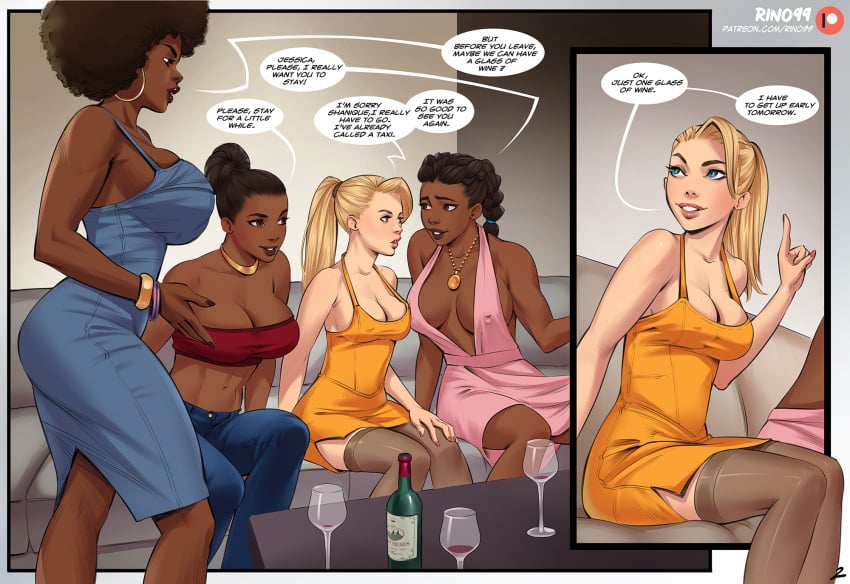 1girls 3futas alcohol big_breasts breasts cleavage comic dark-skinned_futanari dark_skin dialogue dress female futa_on_female futanari human jessica_adams light-skinned_female light_skin pale_skin rino99 shanique_(rino99) tanya_(rino99) text