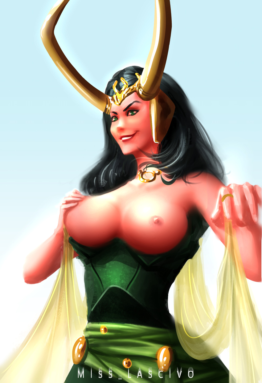 1girls big_breasts breasts_out digital_art digital_drawing_(artwork) fanart female female_only horned_headwear human human_only lady_loki light-skinned_male light_skin marvel marvel_comics miss_lascivo solo solo_female thor_(series)